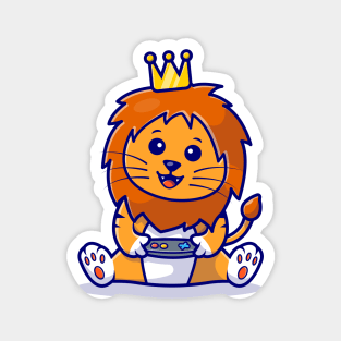 Cute Lion Gaming Cartoon Vector Icon Illustration Magnet