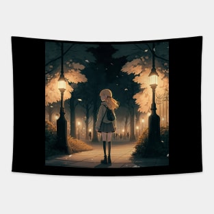 A Nighttime Stroll, Girl's Peaceful Park Walk Tapestry