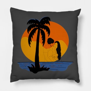 Romantic Sunset. A Couple Embracing the Setting Sun.sunset, romantic, couple, embracing, setting sun Pillow