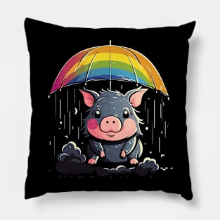 Pot-Bellied Pig Rainy Day With Umbrella Pillow