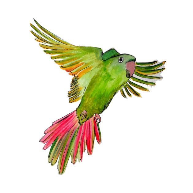 Flying Green Parrot Watercolor Painting by julyperson