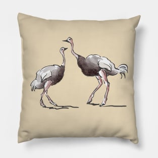 Two Ostriches - Mother and Son Facing Each Other, Ink and Watercolor Sketch Pillow