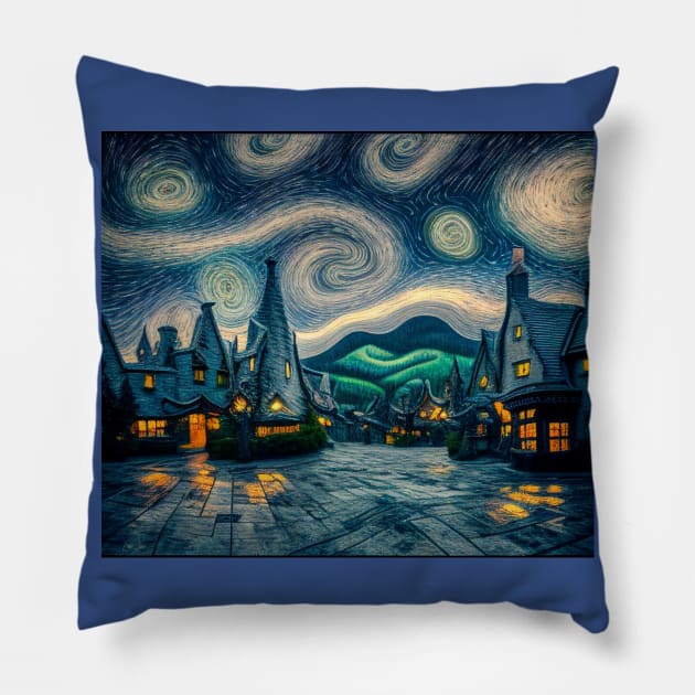Starry Night Over Hogsmeade Village Pillow by Grassroots Green
