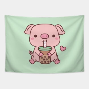 Cute Little Pig Loves Bubble Milk Tea Tapestry