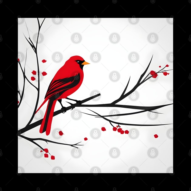 Red Bird On Branch by The Psychedelic Guide To The Galaxy