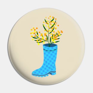 Rubber boots Wellies blue checkered Wellington boots and mimosa flower Pin