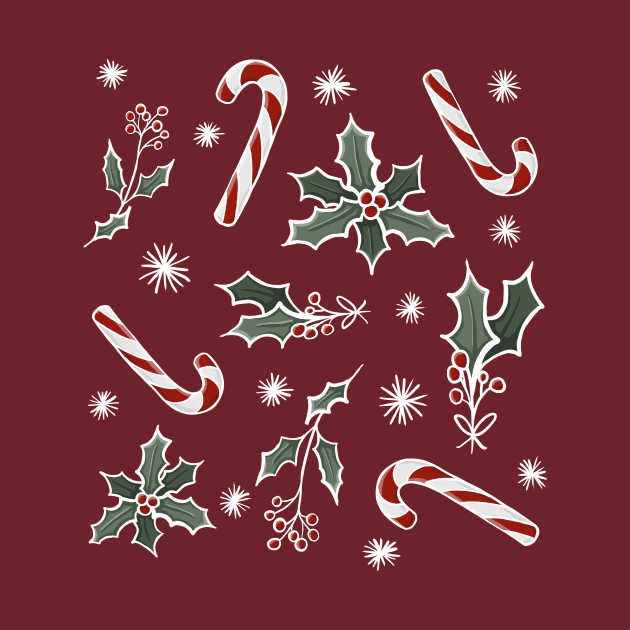 Boughs Of Holly and Candy Canes Festive Pattern Digital Illustration by AlmightyClaire