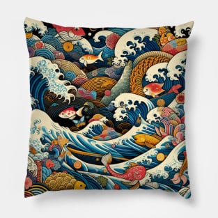 The Sea Waves and Colorfull Fish in Japanese Pillow