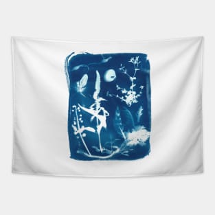 Cyanotype blueprint beach finds collage Tapestry