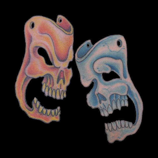 Skull Masks of Comedy & Tragedy (Green female Skull Set on Back) by AJ Leibengeist