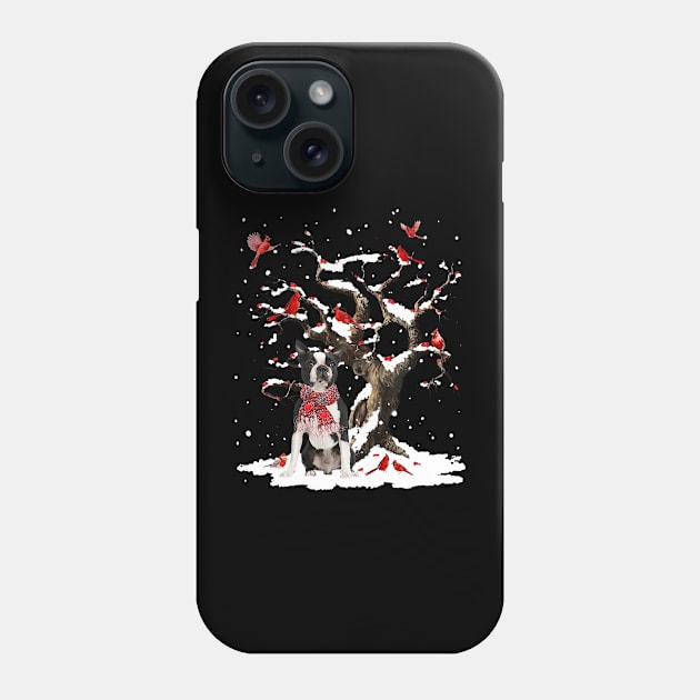 Black Boston Terrier Scarf Cardinal Snow Christmas Phone Case by cogemma.art