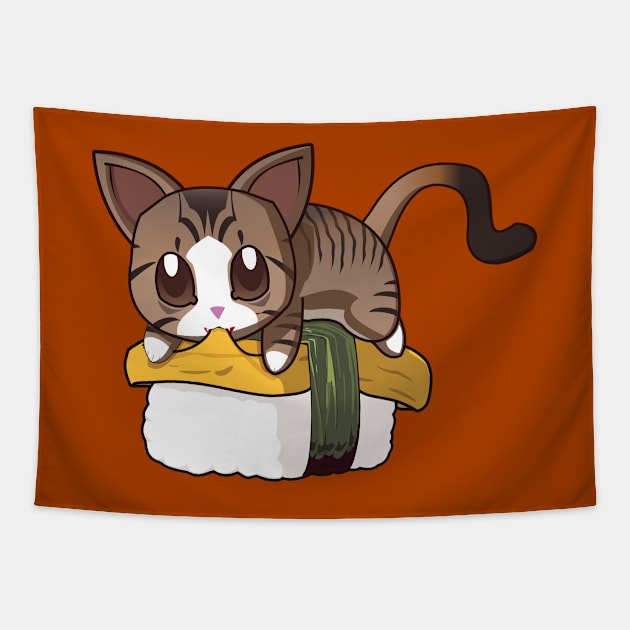 Brown Stripped Cat Tamago Sushi Tapestry by Myanko