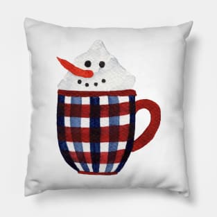 Hot Chocolate Snowman - red and blue checkered pattern mug Pillow