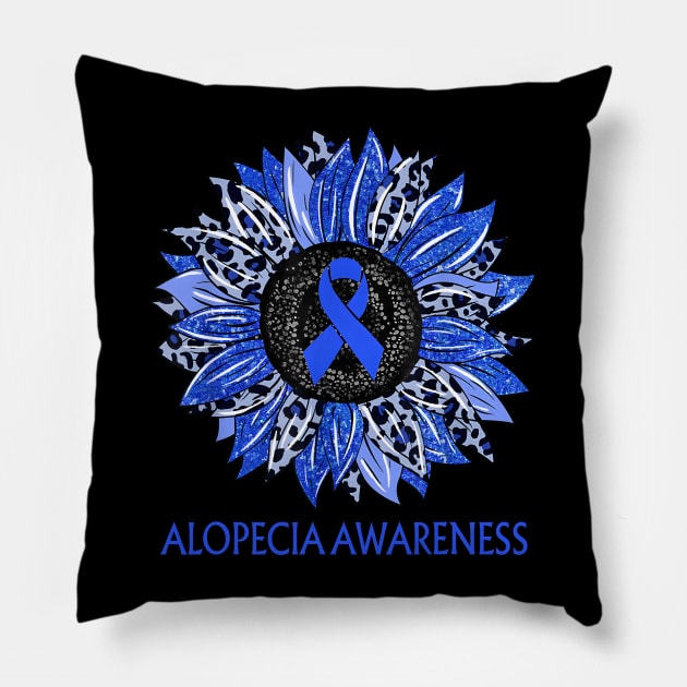 Leopard Sunflower Alopecia Awareness Blue Ribbon Support Pillow by JazlynShyann