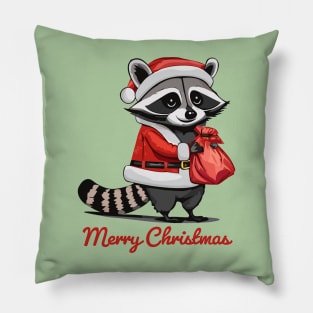 Merry Christmas - Raccoon, AKA a Trash Panda, Dressed as Santa Claus Pillow