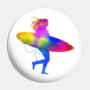 Running Woman on Beach with Surfboard Pin