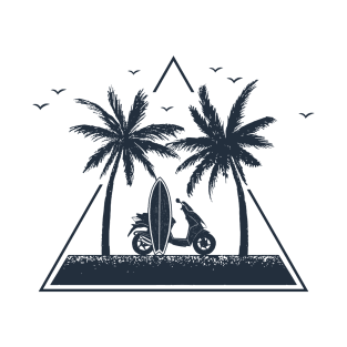 Surfboard And Scooter. Summer, Beach, Vacation. Geometric Style T-Shirt