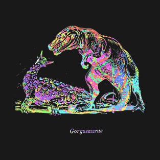 Gorgosaurus Rainbow Confetti Fight with Rex T-Shirt