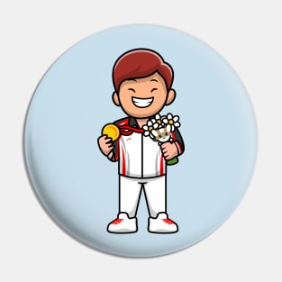 Cute Boy Winning Champion Cartoon Pin