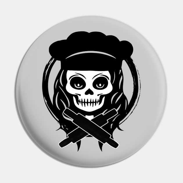 Female Baker Skull and Rolling Pins Black Logo Pin by Nuletto