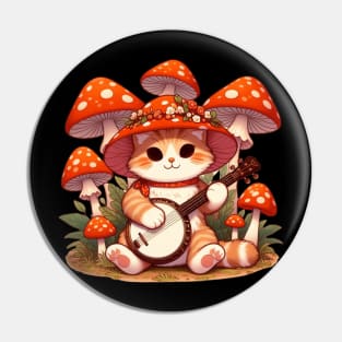 Cute Cottagecore Aesthetic Cat Playing Banjo Mushroom Pin