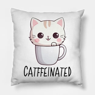 Cute Funny "Catffeinated" Cat Drawing Pillow