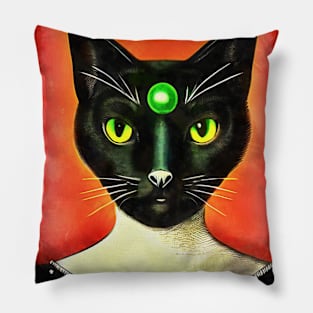 Portrait of black cat with green stone Pillow