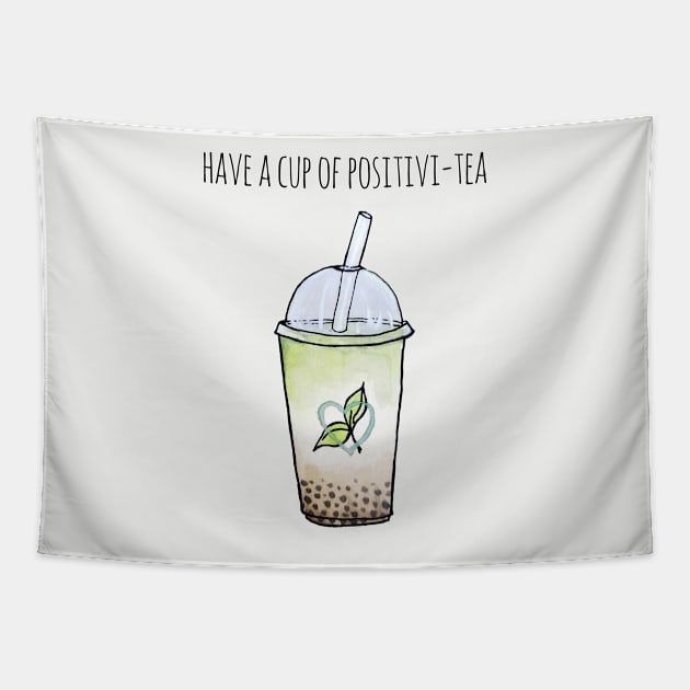 Watercolor Have a Cup of Positivitea Bobba Tea Tapestry by Jessfm