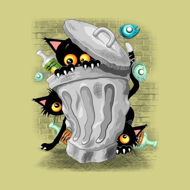 Cats Naughty Characters playing on Garbage Trash Bin by BluedarkArt