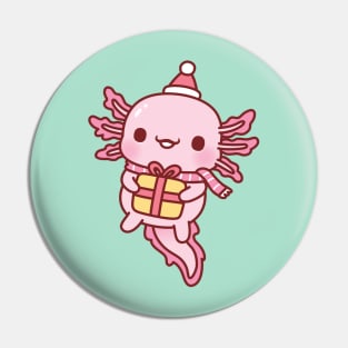 Cute Axolotl With Christmas Santa Hat Scarf And Present Pin