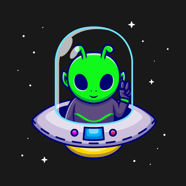 Cute Alien With Peace Hand In Spaceship UFO Cartoon by Catalyst Labs