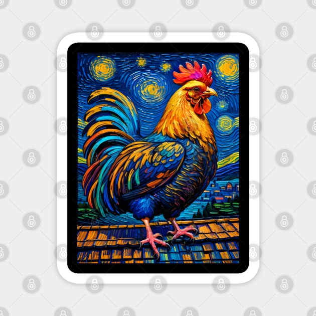 Rooster in starry night Magnet by FUN GOGH