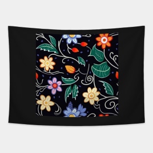 Ojibwe Floral Pattern | Native American Floral Design Black Tapestry