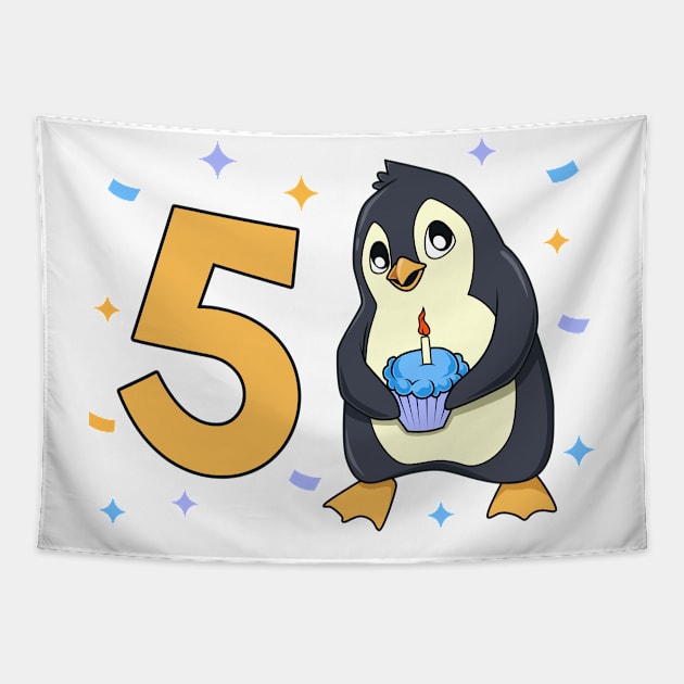 I am 5 with penguin - kids birthday 5 years old Tapestry by Modern Medieval Design