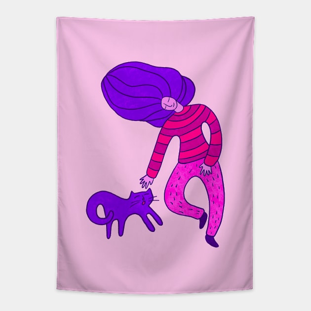 Cool girl with purple hair and purple cat walking, version 5 Tapestry by iulistration