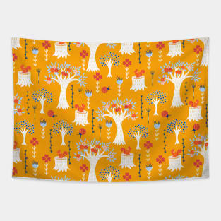 White Trees and Flora Forest on Yellow Background Contemporary Pattern Tapestry