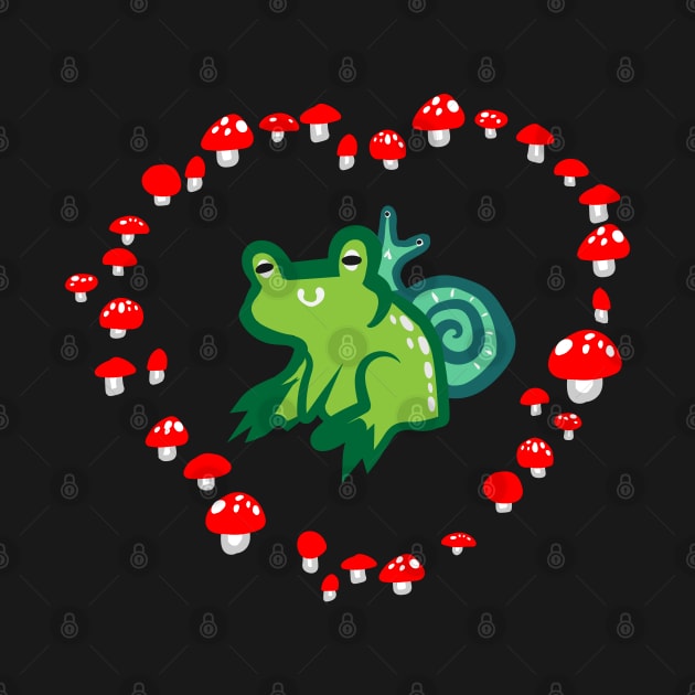 Red Mushroom Heart with Frog and Snail "Goblincore Snuggles" by Boreal-Witch