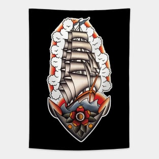 Ship with Clouds Tattoo Design Tapestry