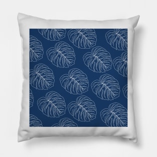 monstera tropical plant hawaii aloha print dark blue navy and white Pillow