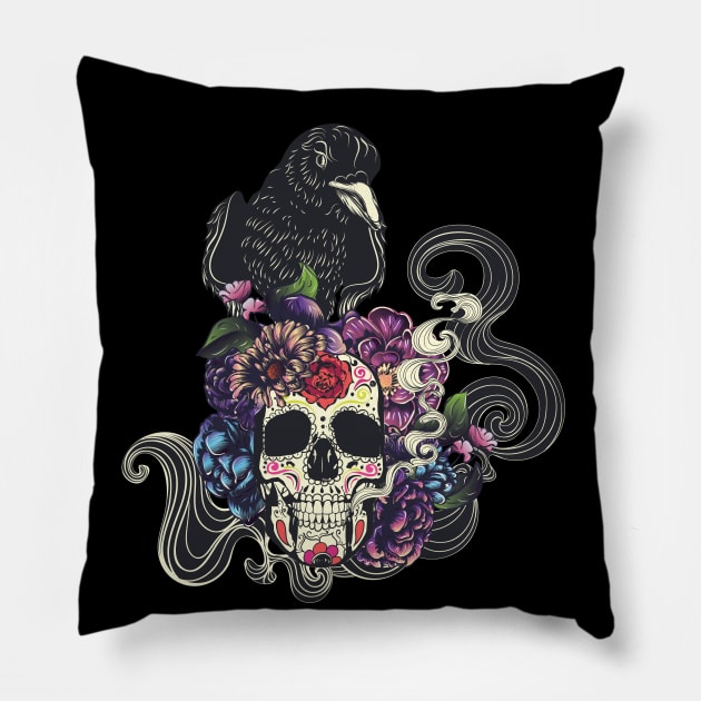 Sugar skull with crow Pillow by AnnArtshock