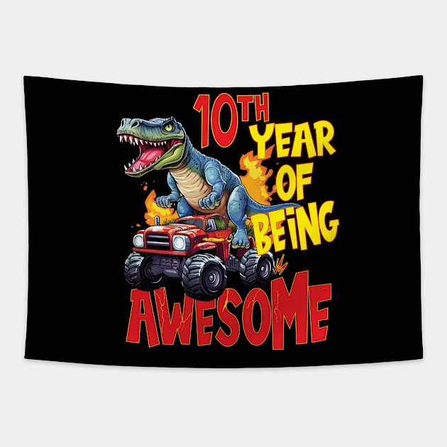 10th Year of Being Awesome 10 yr Birthday Truck Dinosaur Boy Girl 10 Years Old Tapestry by Envision Styles