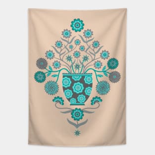 JARDINIERE Vintage Damask Flowers in Floral Vase Turquoise Teal Gray - UnBlink Studio by Jackie Tahara Tapestry