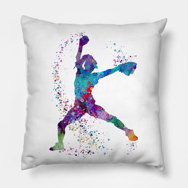 Girl Baseball Pitcher Colorful Watercolor Pillow by LotusGifts