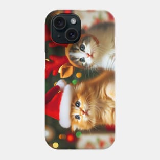 Cute kittens with Santa Claus and reindeer hats and Christmas tree Phone Case