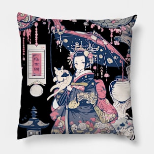 Japanese Girl With Dragon and Cats T-Shirt 08 Pillow