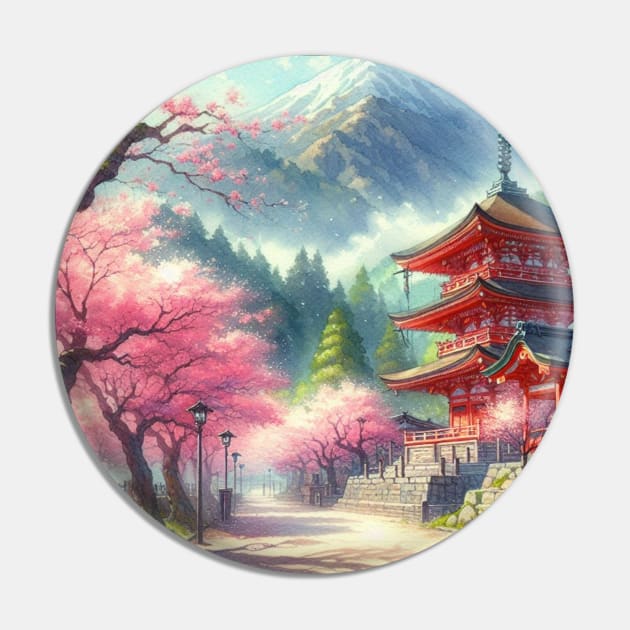 Japanese Red Temple with Cherry Blossom and Mountain - Anime Drawing Pin by AnimeVision