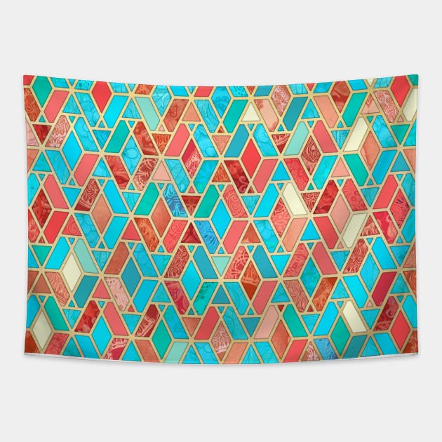 Melon and Aqua Geometric Tile Pattern Tapestry by micklyn