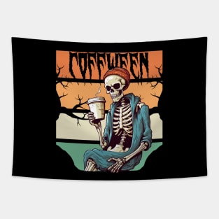 Sip in Spooky Style - Skeleton Coffee Time Halloween Illustration Tapestry