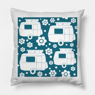 Daisy Polka Dot Vintage Caravan Pattern in Teal and White Pillow