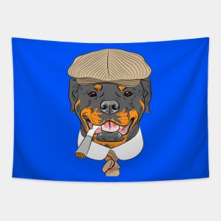 Hipster dog Rottweiler breed in a brown cap, with a tie and a cigarette Tapestry